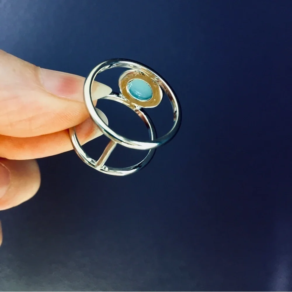 Bohemian Blue Stone Silver Fashion Ring, Size 9
